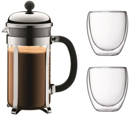 BODUM CHAMBORD Set cafetiere a piston - 8 tasses - 1L - Gris - Avec 2 verres double paroi Pavina 0,35l