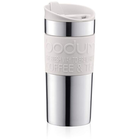 Bodum Vacuum Tazza da viaggio in acciaio INOX con coperchio e banda bianchi, piccola, 0,35 l