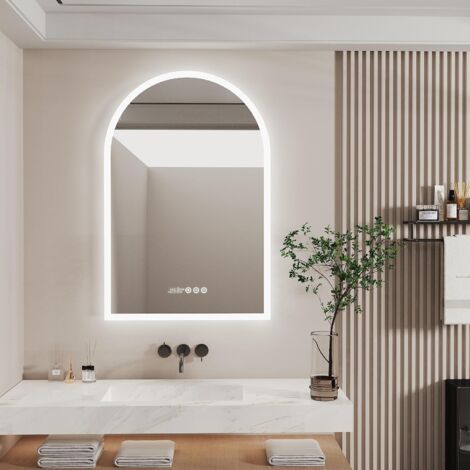 Bogen Badspiegel mit Beleuchtung Smart LED Badezimmerspiegel mit 3 Touchschalter, Uhr und Wetterstation - Beschlagfrei Lichtspiegel Wandspiegel Ganzkörperspiegel 90x60 cm