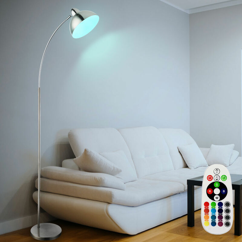 

Lámpara de arco, lámpara de pie de cromo, control remoto, atenuador, giratorio en un conjunto que incluye lámparas LED RGB