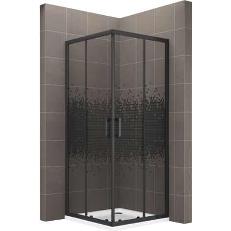 BOHA-PIX Cabine de douche 100x100 cm H.180 verre sérigraphié pixel noir 6mm anticalcaire, portes coulissantes