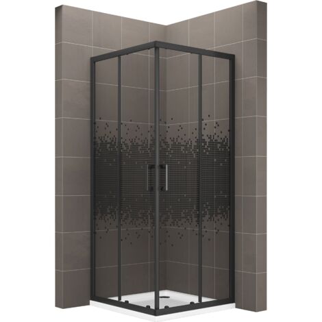 BOHA-PIX Cabine de douche H.180 + receveur 100x100 cm verre sérigraphié pixel noir, portes coulissantes