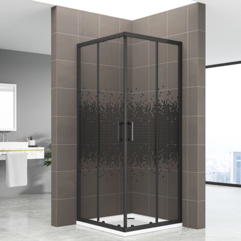 BOHA-PIX Cabine de douche H.190 + receveur 100x100 cm verre sérigraphié pixel noir, portes coulissantes