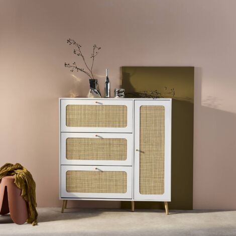 Bohème white canework shoe cabinet, 3 drawers, 1 door, 21 pairs, 120 x 24 x 125 cm