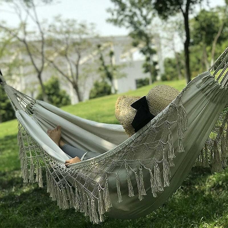 Bohemian Macrame Double Hammock Woven Fringe Tassels Canvas Large Hanging Swing Bed Chair For Beach Yard Bedroom Patio White