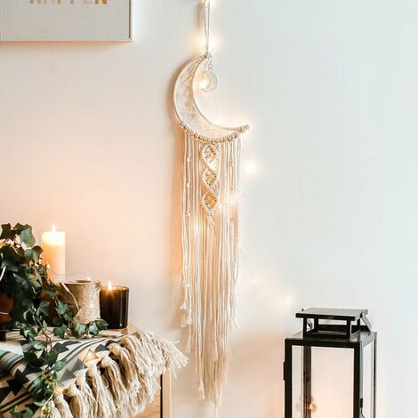 Bohemian Macrame Wall Hanging with LED Light, Cotton Knitted Dream Catcher Moon Wall Tapestry with Tassels Decorations for Kids Room(Moon)