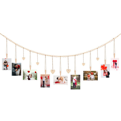 Bohemian Wandbehang für Fotos „Erinnerungskunst“ – 1 Makramee-Hängebehang mit Clips und Holzperlen (100/110/138 cm, beige, 90 g)