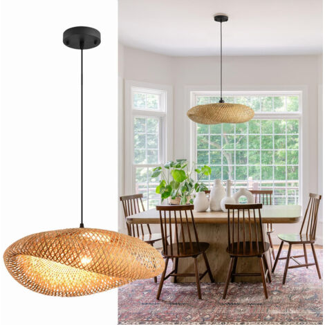 Bohemianische Pendelleuchte fürs Wohnzimmer, Rattan-Schlafzimmerlampe E27, Retro-Strohlampe für den Esstisch, Vintage-Hängeleuchte aus Flechtwerk, für Esszimmer, Teestube, 60 cm (Leuchtmittel nicht en