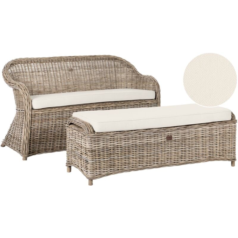 Garden Bench with Cushion SUSUA 150 cm with Ottoman Rattan Natural