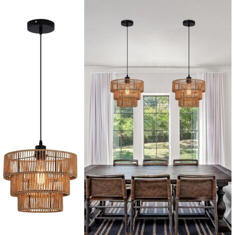 Boho Chandelier Light Fixture, Farmhouse Rattan Pendant Light, Woven Rope Lampshade