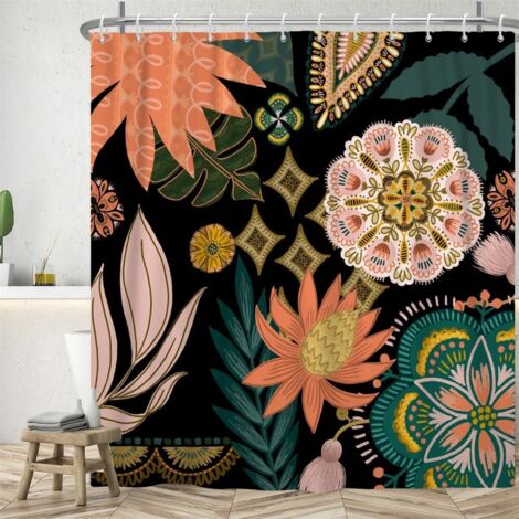 Boho-Duschvorhang, 180 x 180 cm, Bohème-Duschvorhang mit rosa Blumen und grünen Blättern, antimil