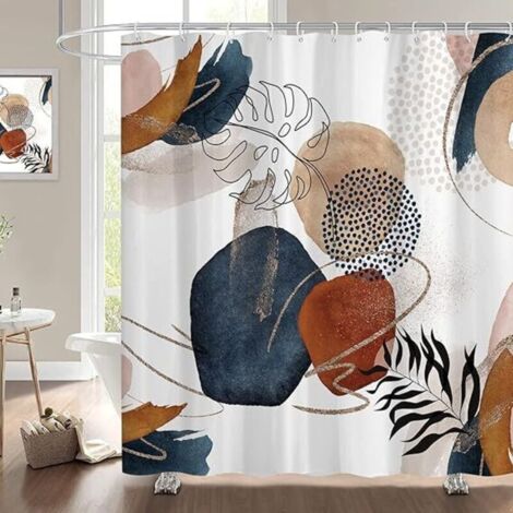 Boho-Duschvorhang mit abstraktem, farbenfrohem und modernem geometrischem Muster, Blättern und Pflanzen, neutrales, minimalistisches Badezimmerdekor, wasserdichtes Material, 180 x 180 cm