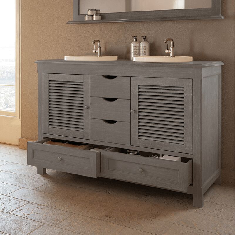 Byca - boho - Meuble 120 cm Bois Massif Gris avec Portes Persiennes et Tiroirs - Style Contemporain pour Salle de Bain