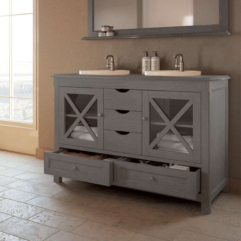 Byca - boho - Meuble 120 cm Bois Massif Gris avec Portes Vitrées et Tiroirs - Design Élégant pour Salle de Bain