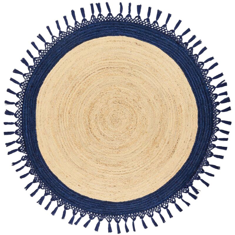 Beliani - Boho Rustic Area Rug Round 140 Cm Natural Jute Handmade Braided Beige And Dark Blue Marts