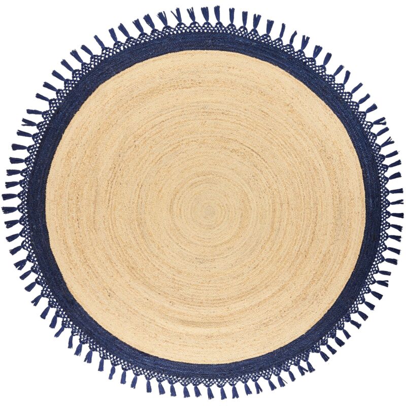 Beliani - Boho Rustic Area Rug Round 200 Cm Natural Jute Handmade Braided Beige And Dark Blue Marts