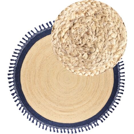 Boho Rustic Area Rug Round 200 cm Natural Jute Handmade Braided Beige and Dark Blue Marts