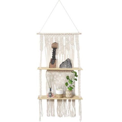 Boho-Wandregal aus Holz, zweistöckig, mit Makramee-Elementen, schwebendes Hängeregal für Zimmerpflanzen, dekorative Aufbewahrung für Bad, Küche, Schlafzimmer, Wohnzimmer und Büro