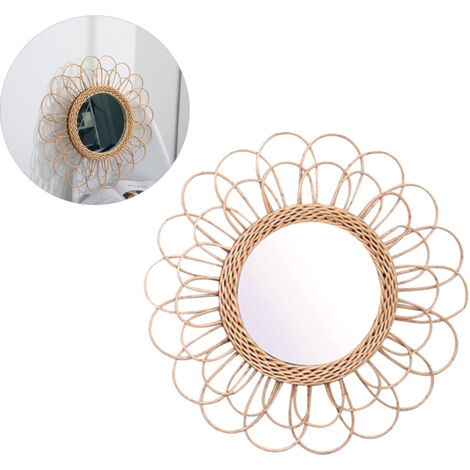 Boho-Wandspiegel, 40 cm, aus Rattan in Sonnenblumenform, runder Hänge-Schminkspiegel, ethnische Dekoration