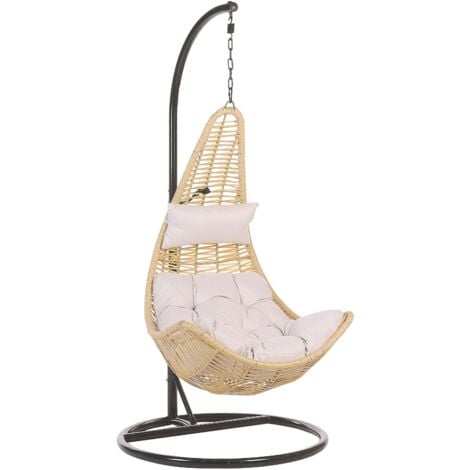 Boho Wicker Hanging Egg Chair with Stand Swing Seat Beige PE Rattan Atri II