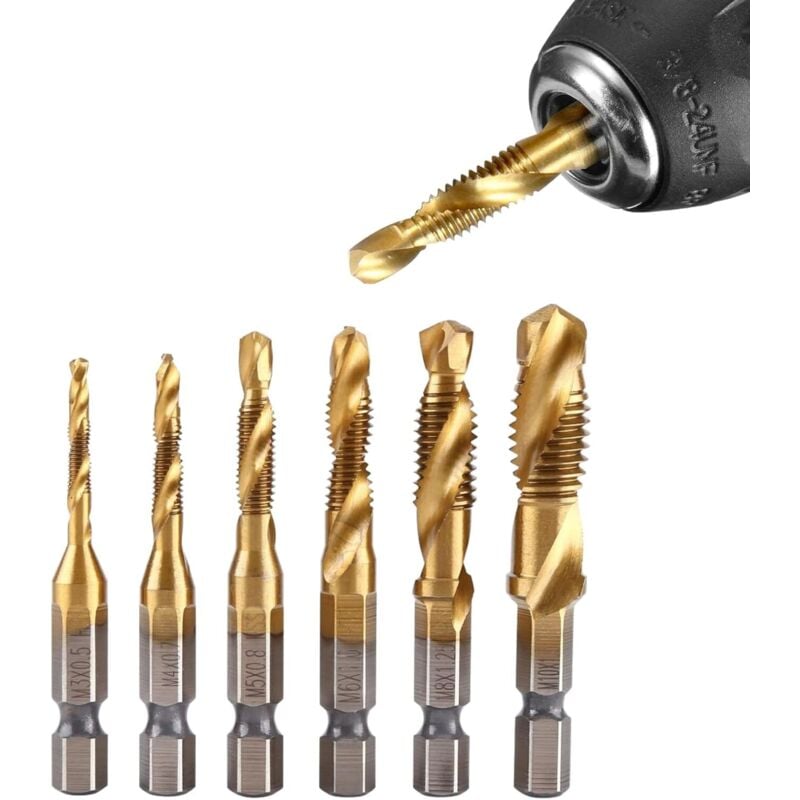 Image of Bohrer, 6 Stück Bohrer hss Sechskantschaft M3-M10 Gewindebohrer Titan 1/4 Zoll Sechskantschaft