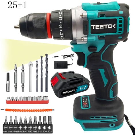 TEETOK Bohrer, Besen, Treiber von Hammer 18 -V Hammer Bohrer 25 + 1 mit Bohrbits + 3000 mAh Batterie + Ladegerät, kompatibel mit der Makita -Batterie