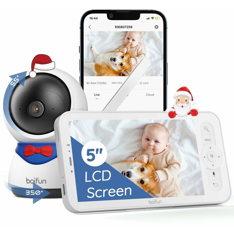 1080P ptz 350° Camera de Surveillance Avec 5' Monitor Mouvements & Détection du Son - white - Boifun