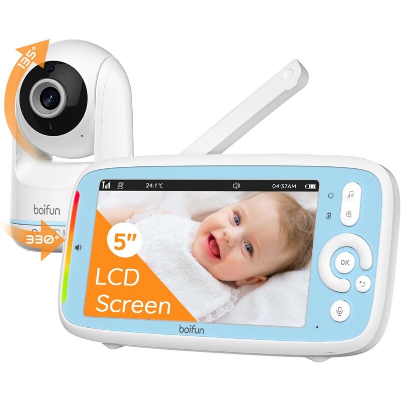 BOIFUN 1080P Caméra Surveillance WiFi intérieure 360° VB805 Avec 5" Écran IPS Caméra Moniteur Vision Nocturne VOX Capteur de Température