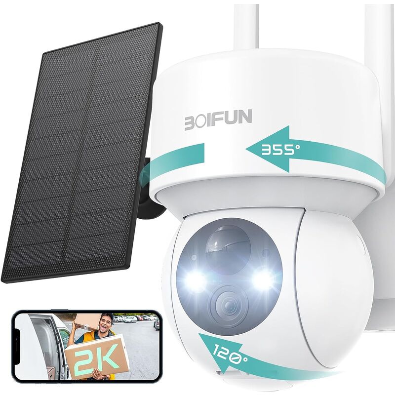 Boifun - Camera Surveillance WiFi Exterieure sans Fil Batterie 2K Camera Solaire avec 360° Rotation Vision Nocturne Couleur Détection Humaine pir