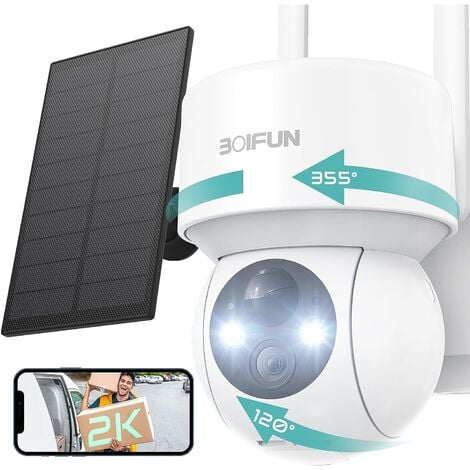 BOIFUN Camera Surveillance WiFi Exterieure sans Fil Batterie 2K Camera Solaire avec 360° Rotation Vision Nocturne Couleur Détection Humaine PIR Audio Bidirectionnel Sirène d'Alarme Alexa