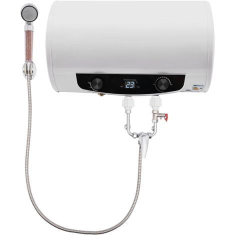 Boiler 35 L, 220V Elektro Warmwasserspeicher, Wandbefestigung Horizontal Wasserboiler Dusche, IPX4, Heiztemperaturbereich 35-75℃, Ausgestattet mit Wasserhahn, Duschkopf, 3-Schlauch