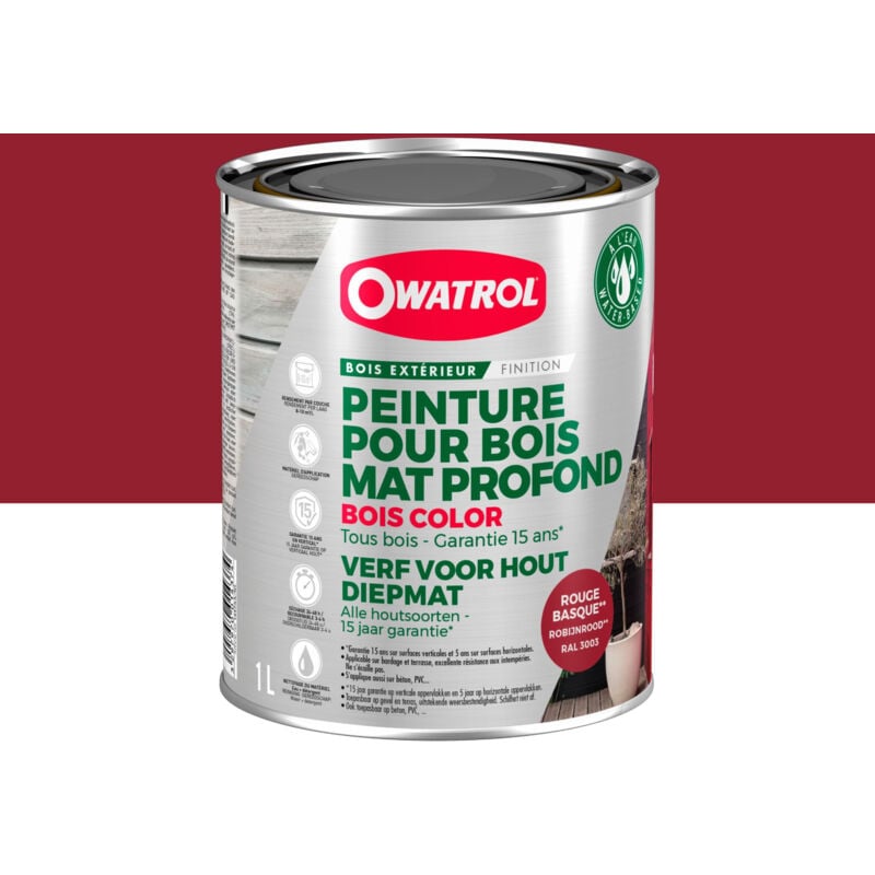 Peinture pour bois extérieur opaque - Finition Mate Owatrol bois color Rouge basque (ral 3003) 1 litre