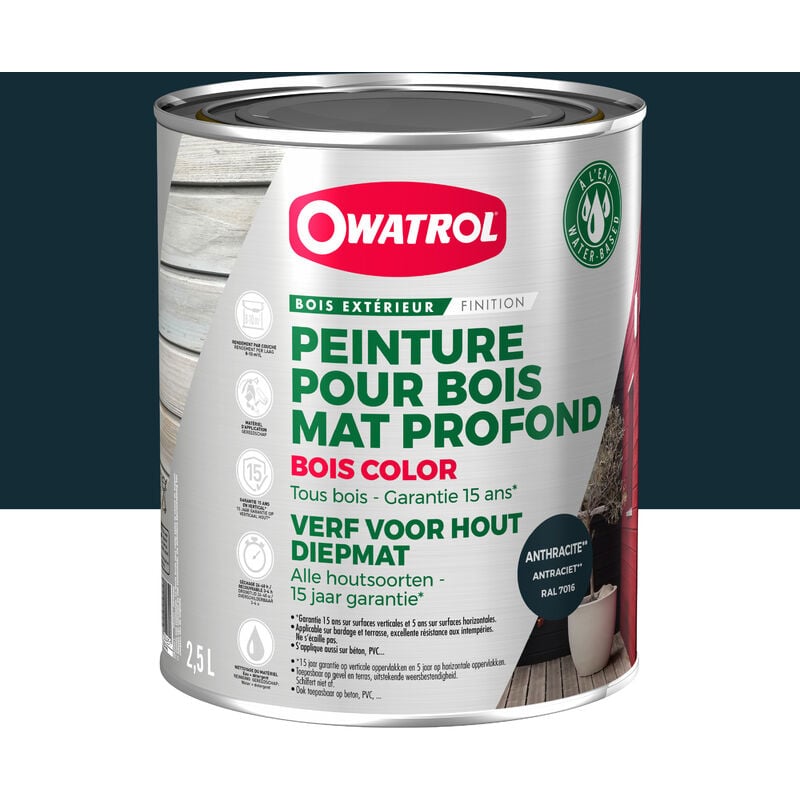 Peinture pour bois extérieur opaque - Finition Mate Owatrol bois color Gris Anthracite ral 7016 2.5 litres