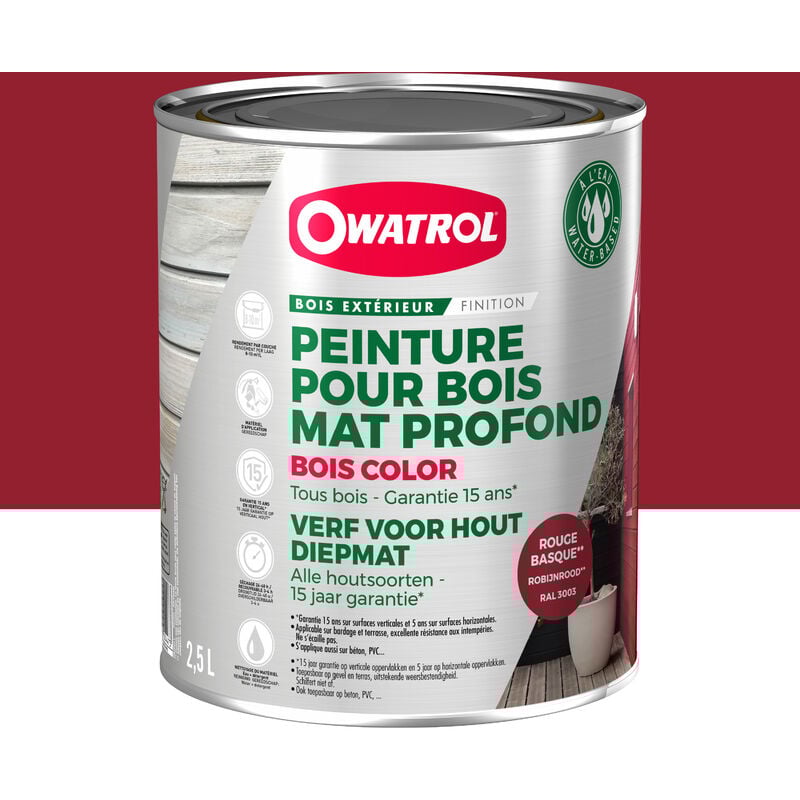 Peinture pour bois extérieur opaque - Finition Mate Owatrol bois color Rouge basque (ral 3003) 2.5 litres