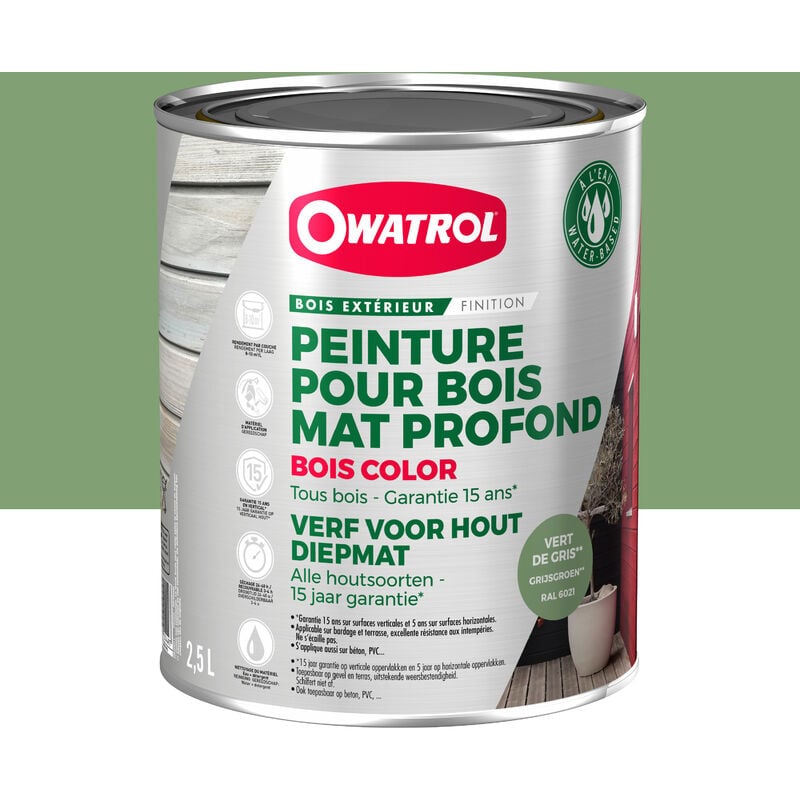 Peinture pour bois extérieur opaque - Finition Mate Owatrol bois color Vert de Gris ral 6021 2.5 litres