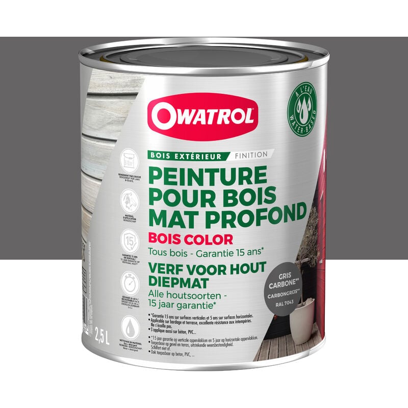 Peinture pour bois extérieur opaque - Finition Mate Owatrol bois color Carbone ral 7043 2.5 litres