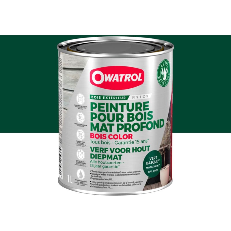 Peinture pour bois extérieur opaque - Finition Mate Owatrol bois color Vert Basque (ral 6005) 1 litre