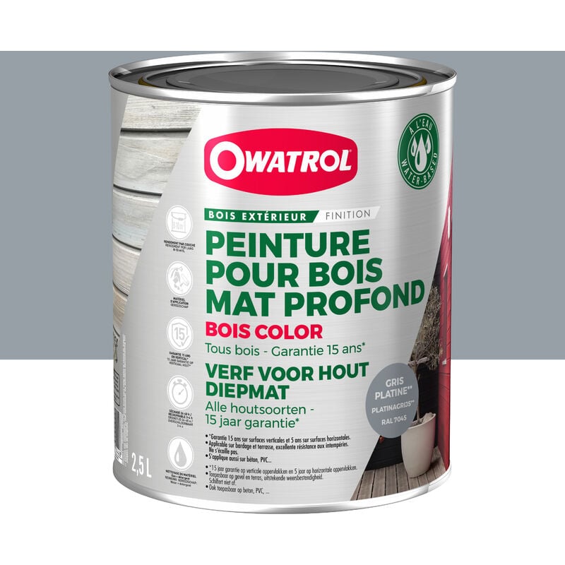 Peinture pour bois extérieur opaque - Finition Mate Owatrol bois color Gris Platine ral 7045 2.5 litres