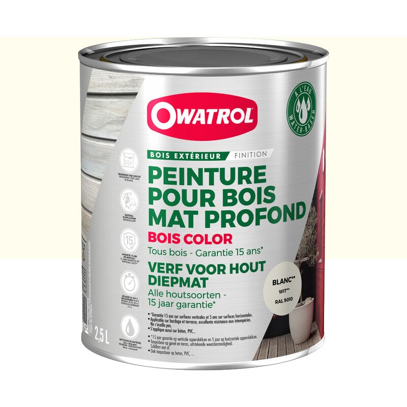 Peinture pour bois extérieur opaque - Finition Mate Owatrol bois color Blanc ral 9010 2.5 litres