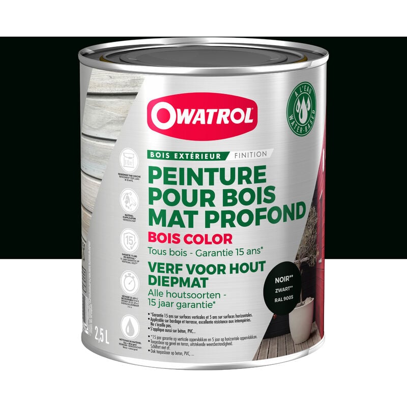 Peinture pour bois extérieur opaque - Finition Mate Owatrol bois color Noir Profond (ral 9005) 2.5 litres