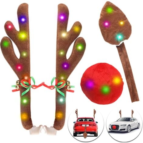 Bois de renne pour la décoration de voiture,kit de voiture de renne de  voiture de Noël, bois de renne de voiture 2 bois 1 nez doux et confortable  rouge kit de décoration