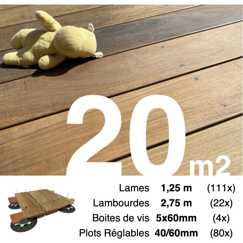 Terrasseenbois.fr - Kit complet terrasse bois exotique ipe pour 20 m² • Lames 1,25 m, lambourdes 2,75 m, plots réglables et visserie Inox • Livraison