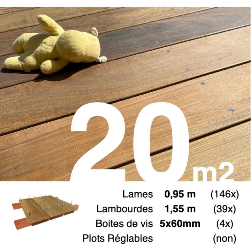 Kit terrasse bois exotique IPE pour 20 m² • Lames 0,95 m, lambourdes 1,55 m et visserie Inox • Livraison gratuite