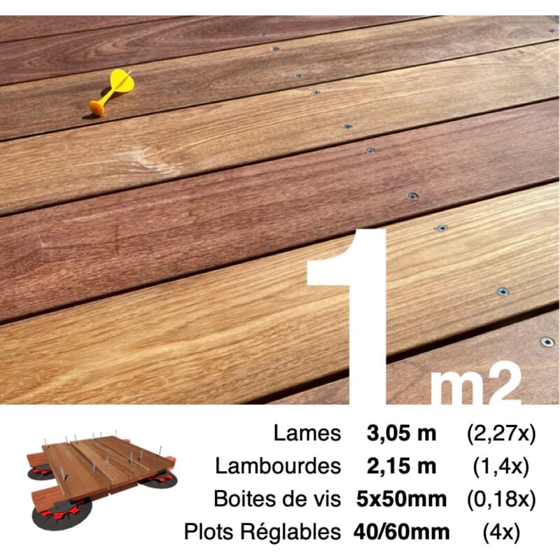 Kit complet terrasse bois exotique CUMARU pour 1 m² • Lames 3,05 m, lambourdes 3,05 m, plots réglables et visserie Inox