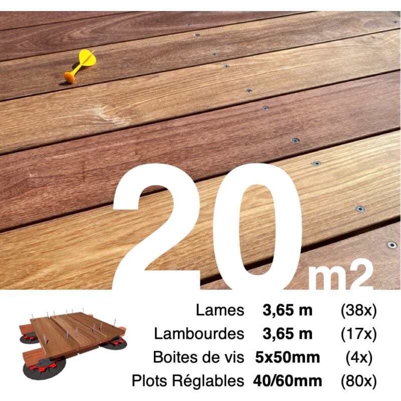 Kit complet terrasse bois exotique CUMARU pour 20 m² • Lames 3,65 m, lambourdes 3,65 m, plots réglables et visserie Inox • Livraison gratuite