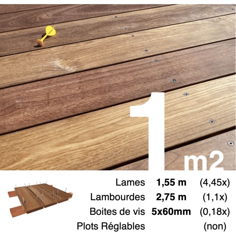 Terrasseenbois.fr - Kit terrasse bois exotique cumaru pour 1 m² • Lames 1,55 m, lambourdes 2,75 m et visserie Inox