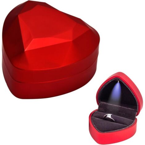 Boîte à Bague en Velours, Boîte de Bague avec Lumière LED, Ecrin Bague Forme de Coeur, Boîte à Bijoux Rangement, Coffret Cadeau à Bague pour Mariage Fianailles Cérémonie, 70x65x45MM (Rouge)