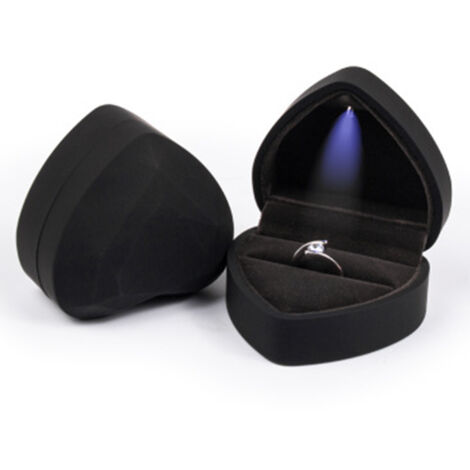 Boîte à bagues en forme de cœur, support en velours, organisateur de coffre à bijoux avec lumière LED pour proposition, fiançailles, cérémonie de mariage, cadeau d'anniversaire, noir