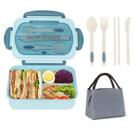 Boîte à bento - 1200 ml - Étanche - Trois compartiments avec poignée - Bleue