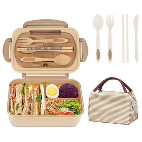 Boîte à bento - 1200 ml - Étanche - Trois compartiments, sac de transport inclus - Kaki